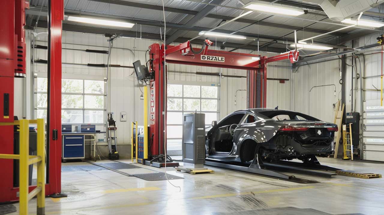 An automotive repair shop with a red vehicle lift by RZALE, a gray car undergoing servicing on the lift, and a clean, well-lit workspace featuring tools, storage cabinets, and large windows in the background.
