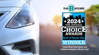 Plan B Auto Body promotional graphic featuring a silver car headlight and a badge for the "2024 Community's Choice Awards Winner" for Best of Music City