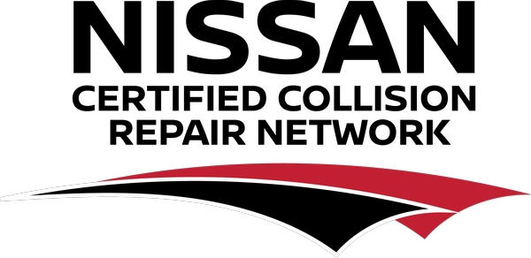Nissan Certified Collision Repair Network logo with red and black stylized swooshes