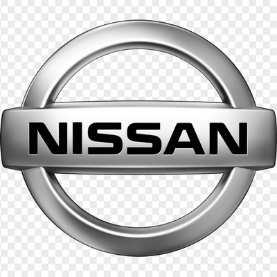 A silver 3D Nissan logo emblem with black text on a transparent background.