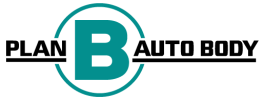 Official Plan B Auto Body logo featuring a large teal letter B inside a circle, flanked by bold black text on a white background.