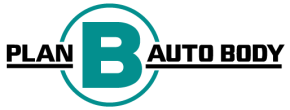 Official Plan B Auto Body logo featuring a large teal letter B inside a circle, flanked by bold black text on a white background.