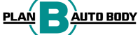 Official Plan B Auto Body logo featuring a large teal letter B inside a circle, flanked by bold black text on a white background.